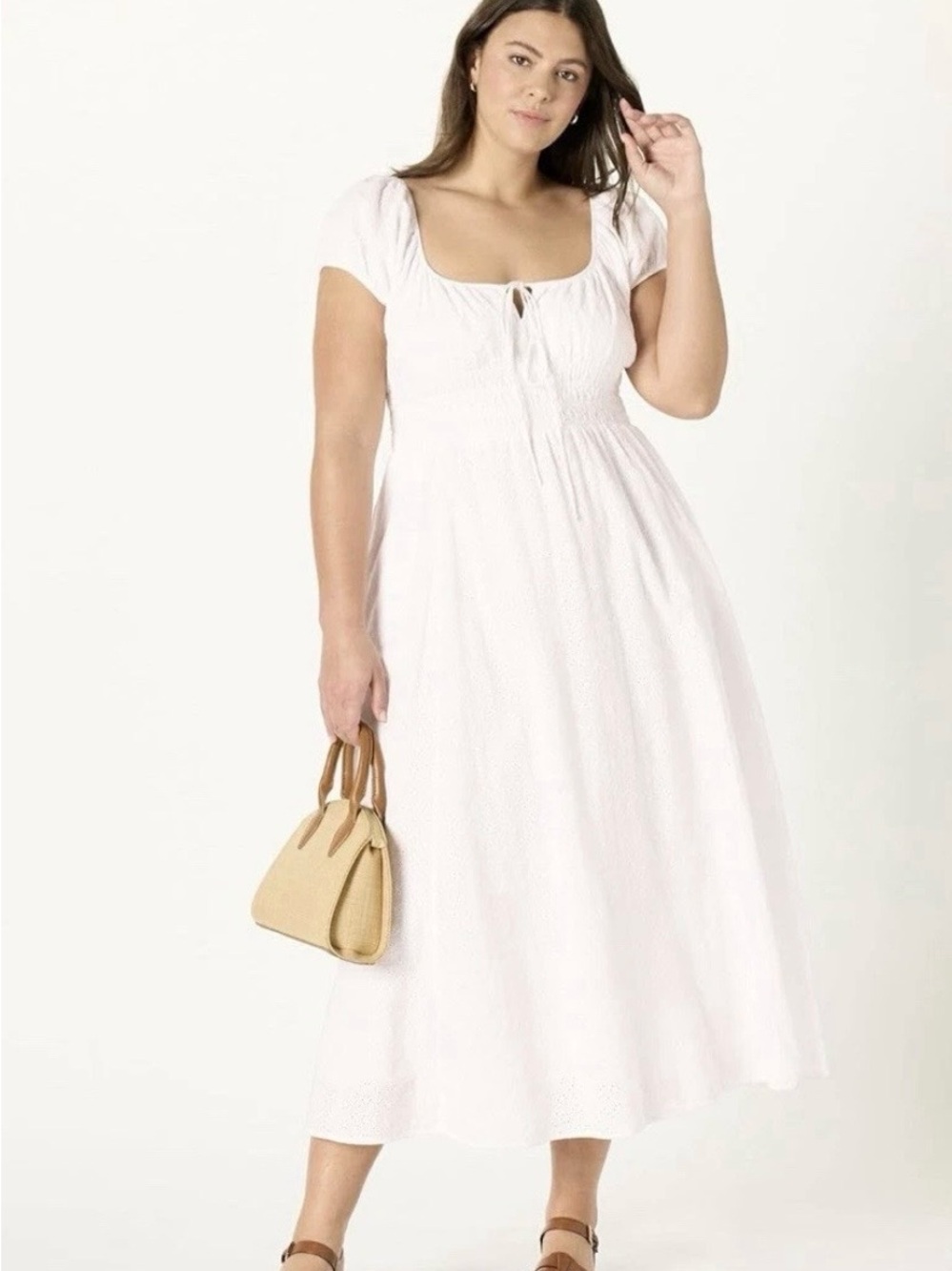 The Drop Melody Cap Sleeve Tie Front Cotton Dress Large White Eyelet Size XXL